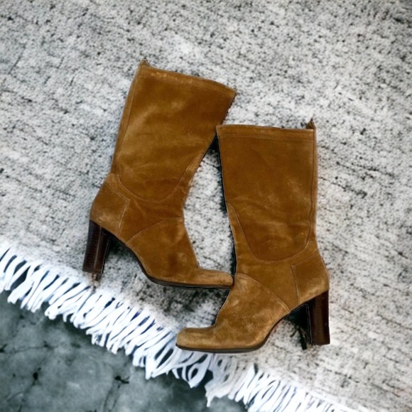 Stuart Weitzman Shoes - Vintage Stuart Weitzman Tan Leather Suede High Heel Mid-Calf Boots, Size 9
